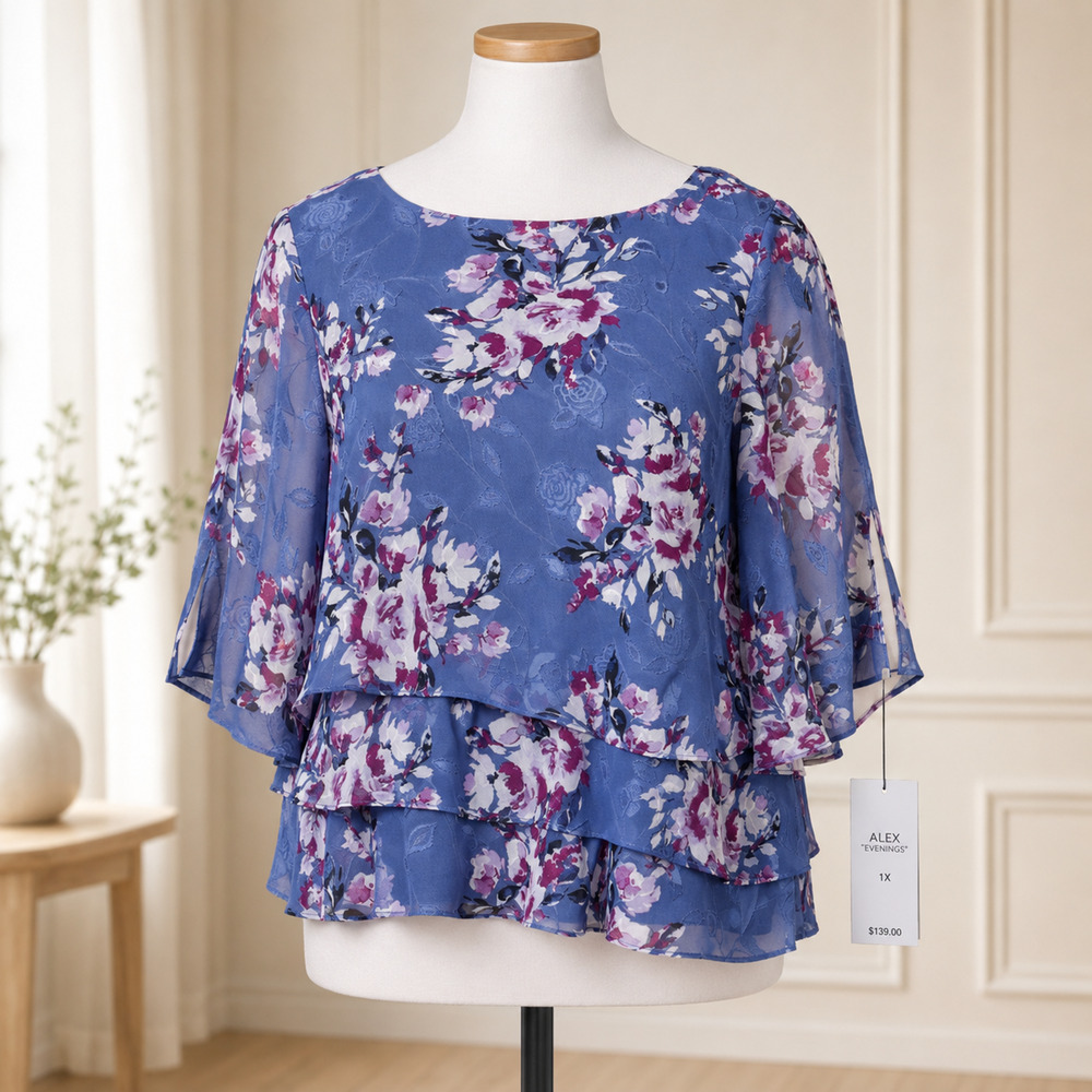 NWT Alex Evenings Size 1X Blue Floral Chiffon 3/4 Sleeve Tiered Blouse